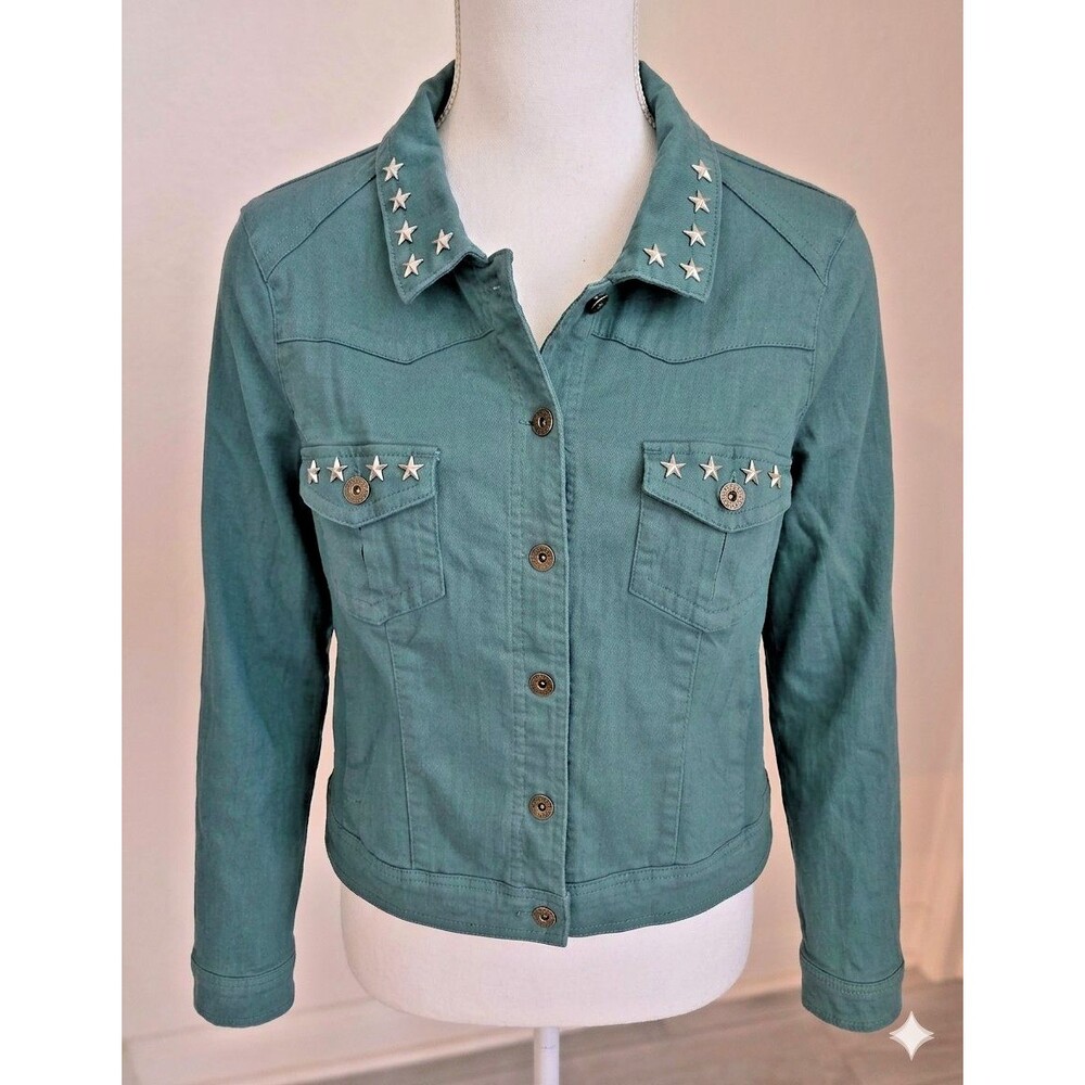 One World "live and let live" Green Denim Star Studded Western Trucker L Jacket
